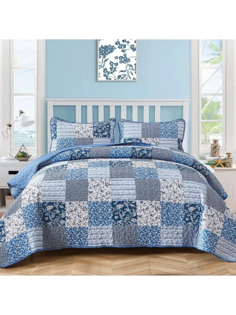 Boho Patchwork Floral Queen Quilt Set - Cozy Bedding, Blue Home Decor